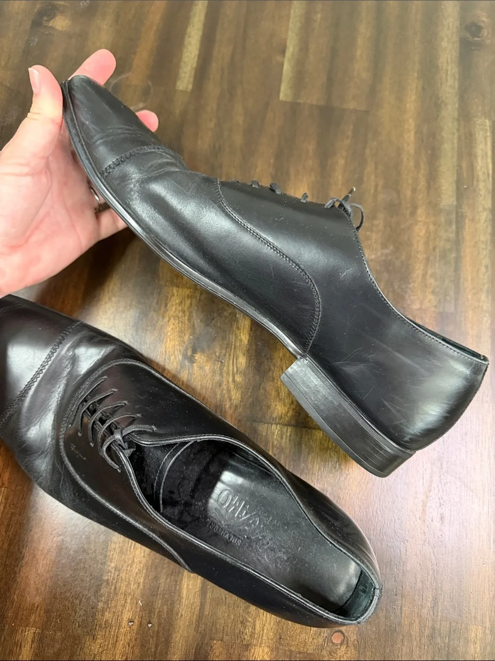 Salvatore Ferragamo Black Leather Cap-Toe Derby Oxfords